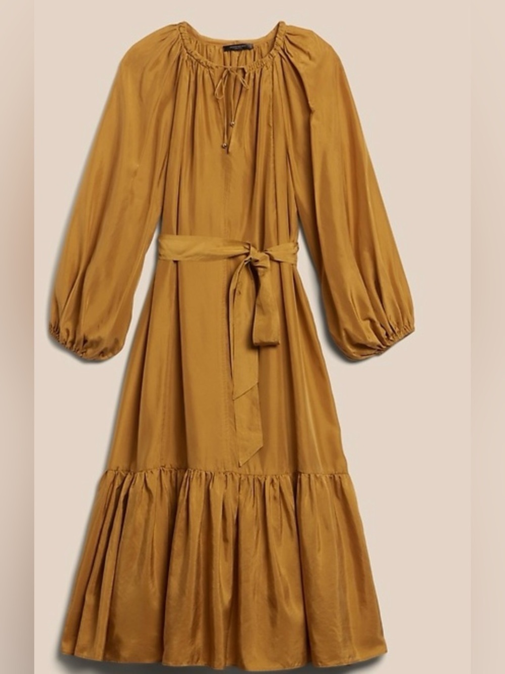 Banana Republic Silk Long-Sleeve Midi Dress Size Medium Petite Gold NWD